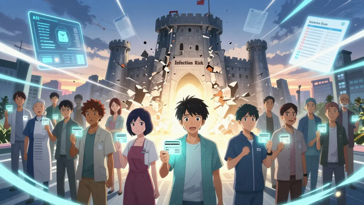 Group of patients standing together as infection risk fortress crumbles, protected by glowing checklists.