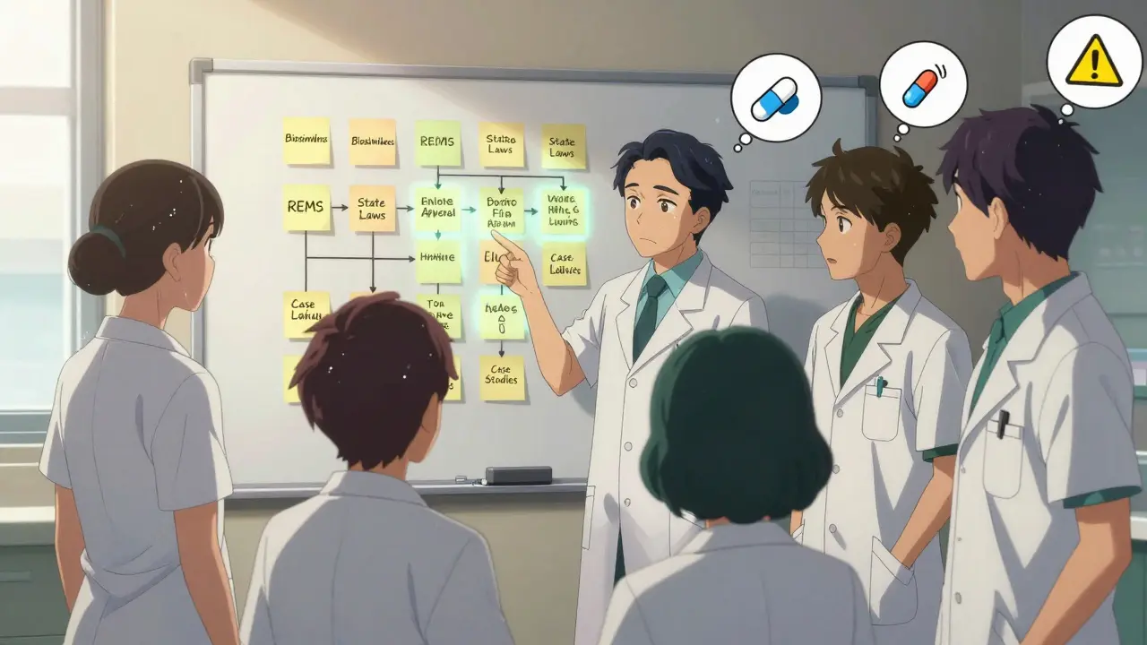 Group of pharmacists studying biosimilars and state laws at a whiteboard in a hospital break room