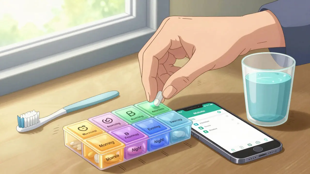 Hand placing pills into a color-coded pill organizer with smartphone app visible nearby.