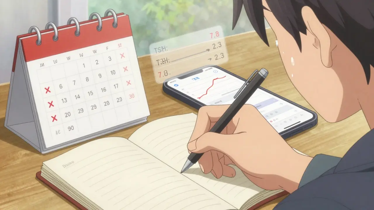 Hand writing in a journal with symptom tracker app and lab results floating nearby, soft lamplight.