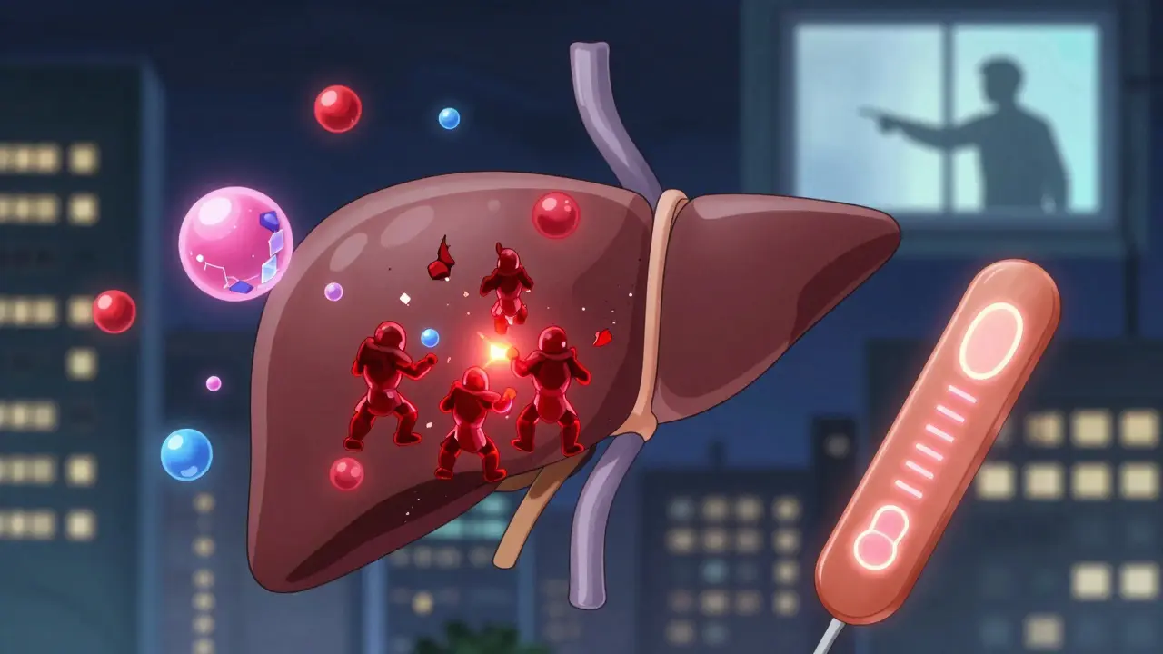 Liver cityscape with rifampin warriors destroying hormone crystals, copper IUD and implant glowing safely.