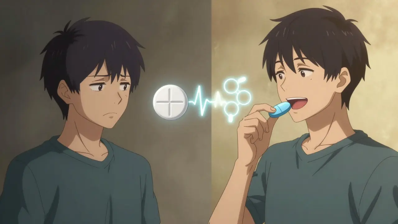 Patient comparing traditional generic and authorized generic pills with glowing molecular structures.