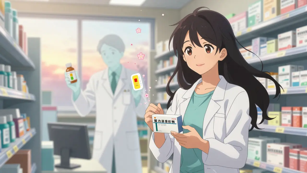 Patient holding brand medication as generic bottle dissolves, medical documents floating like petals.