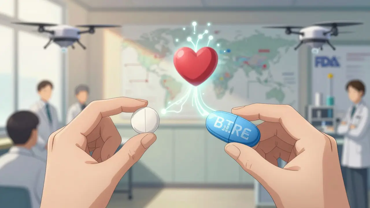 Patient holding generic and brand pills that dissolve into identical molecular streams.