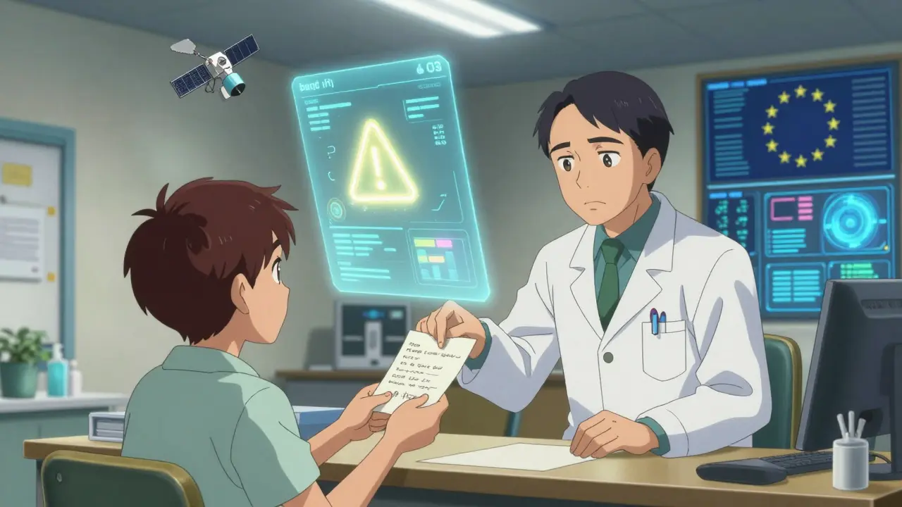 Patient in Nigeria hands report to pharmacist as digital alerts rise into the sky, contrasting with a high-tech EU center.