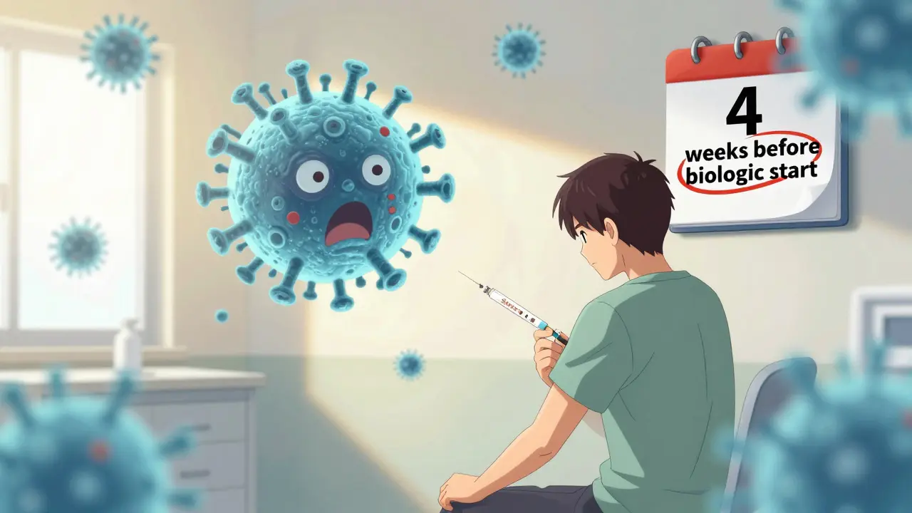 Person receiving Shingrix vaccine with fading virus ghost behind them, calendar visible.
