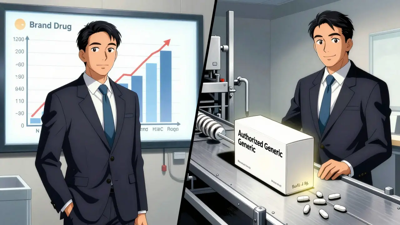 Pharmaceutical executive watching brand drug profits fall as authorized generics roll off the same production line.