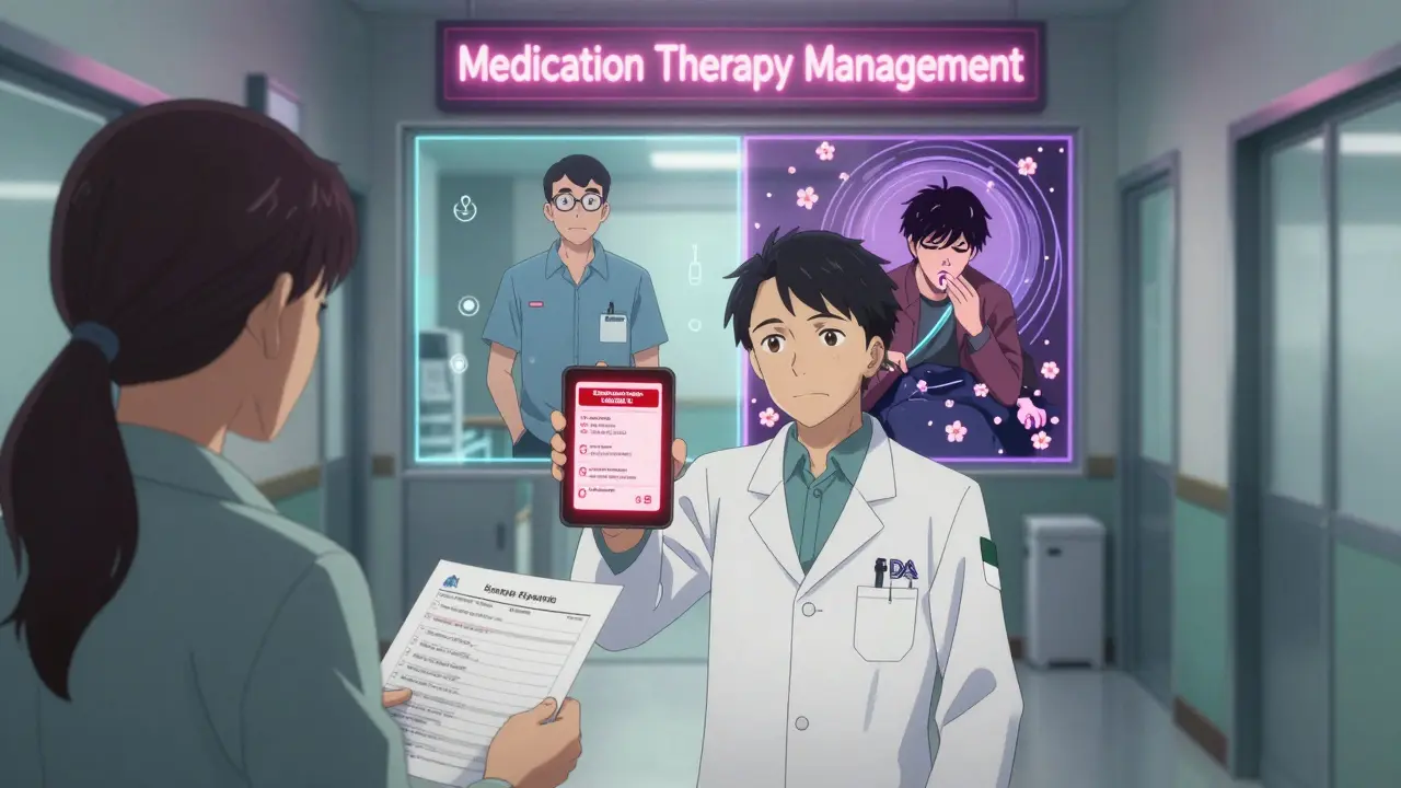Pharmacist and patient discussing medication switch with FDA alert glowing red, split-screen outcomes behind them.