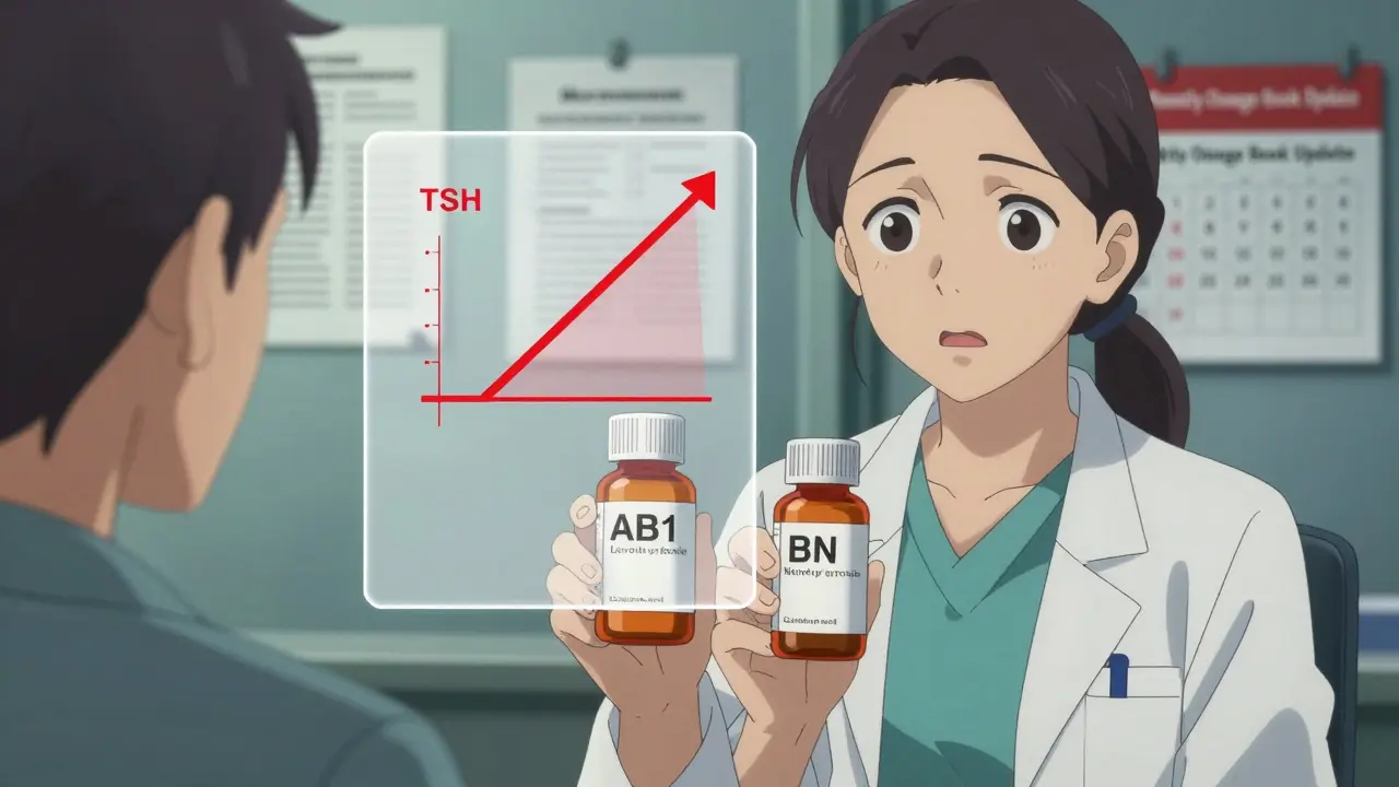 Pharmacist explaining generic levothyroxine differences to a patient with TSH level visuals