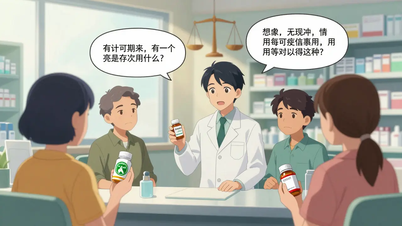 Pharmacist explaining generic substitution to patients with legal and safety symbols around them.