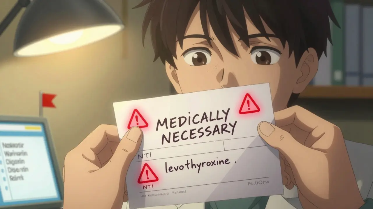 Pharmacist inspecting handwritten 'MEDICALLY NECESSARY' prescription with NTI drug warnings.