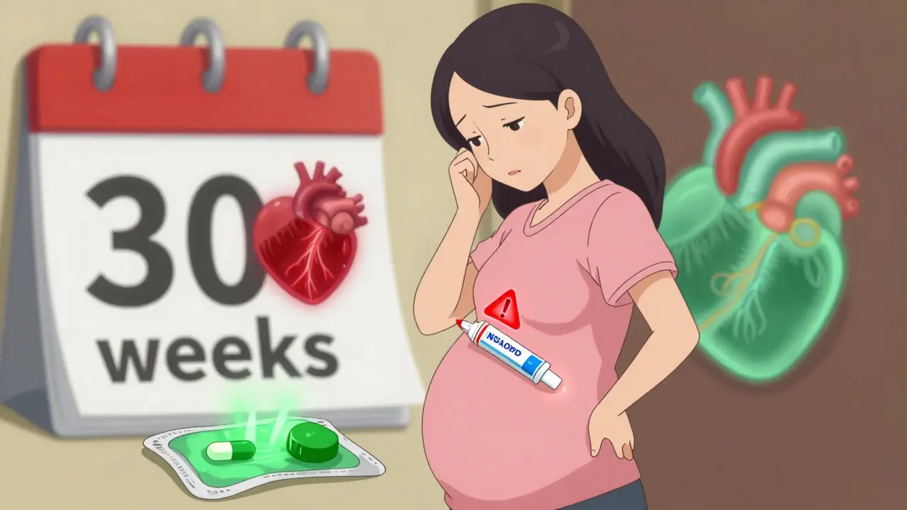 Pregnant woman avoiding topical NSAID gel, with safe alternatives glowing beside her.