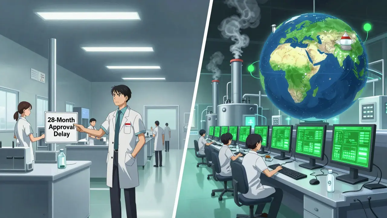 Split scene: a slow U.S. drug factory vs. a fast EU facility with glowing digital monitors.