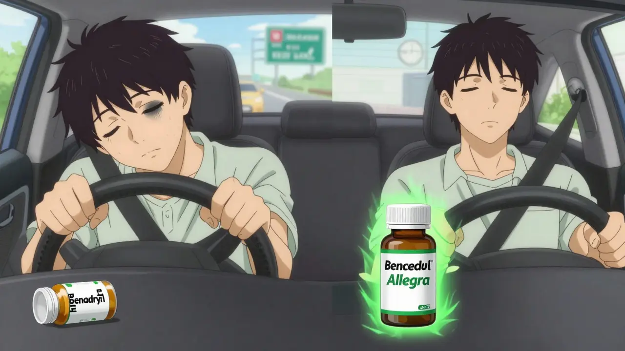 Split scene: drowsy driver with Benadryl vs. alert driver with Allegra