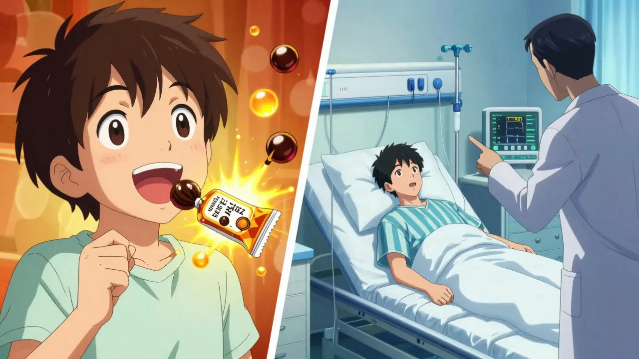 Split scene: person eating licorice candy vs. hospitalized with low potassium and high blood pressure.