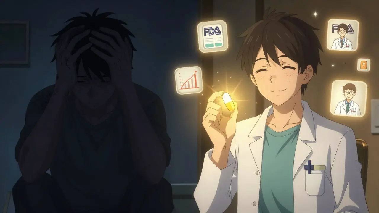 Split-screen: patient’s anxiety vs. peace with generic medication, symbolic transformation.