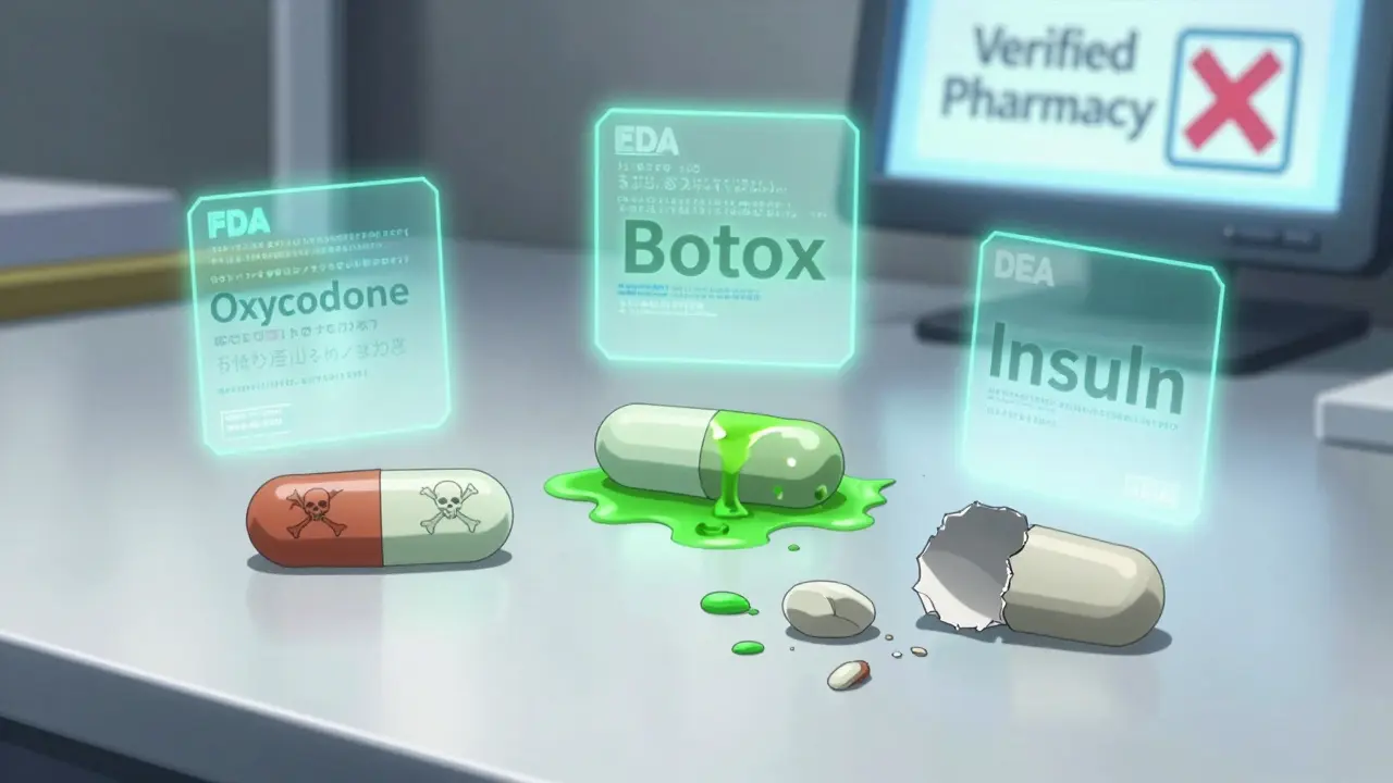 Three counterfeit pills on a table, one leaking toxic fluid, another cracked open to reveal emptiness, with holographic safety warnings floating nearby.