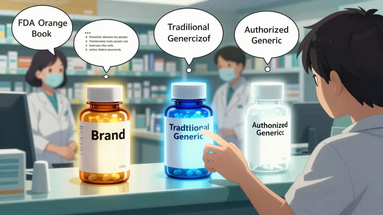 Three pill bottles with different auras at a pharmacy counter, patient reaching for authorized generic.