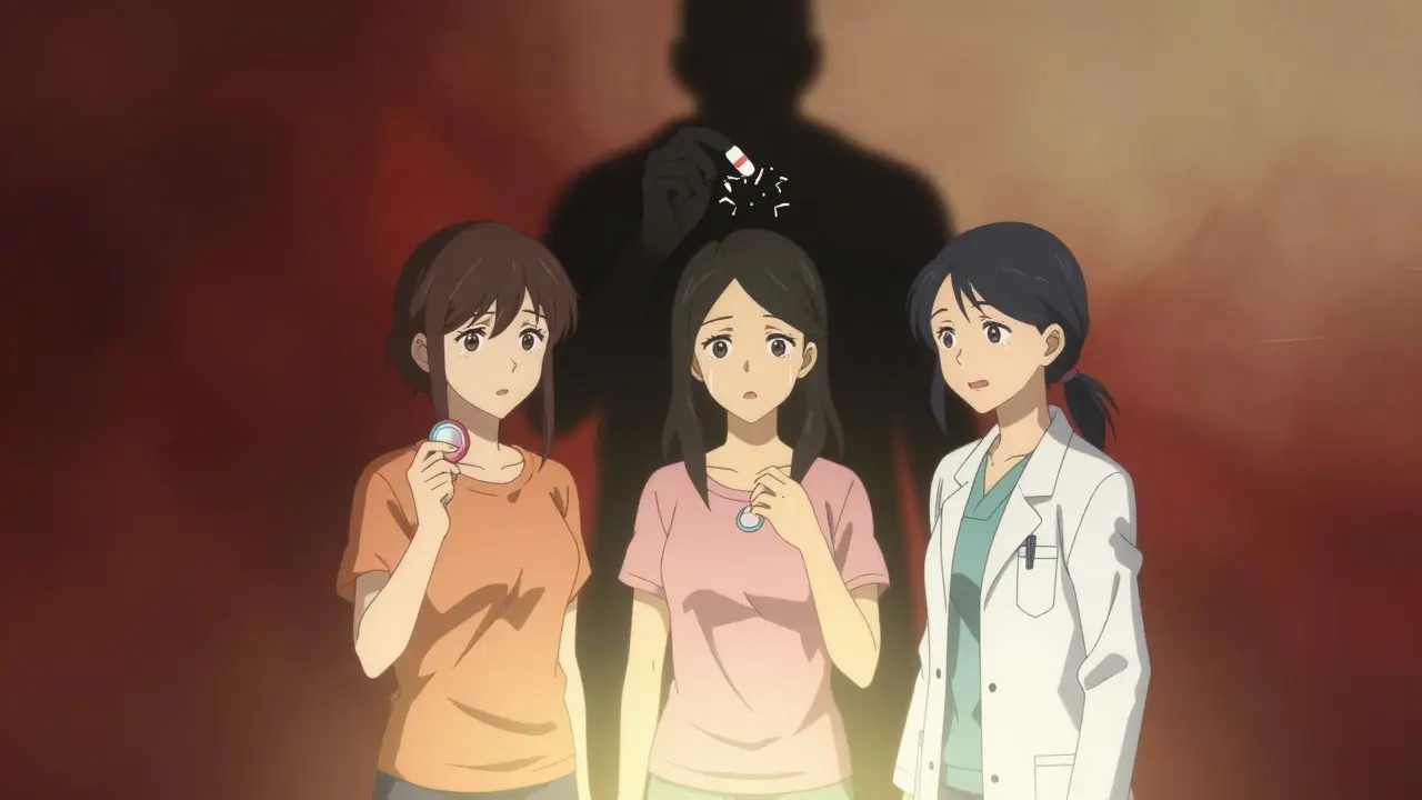 Three women choosing safe contraception as rifampin looms behind them, symbolizing awareness and protection.