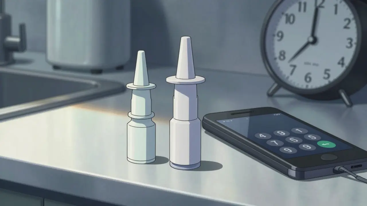 Two naloxone nasal sprays on a counter beside a phone calling 911, with signs of overdose visible.