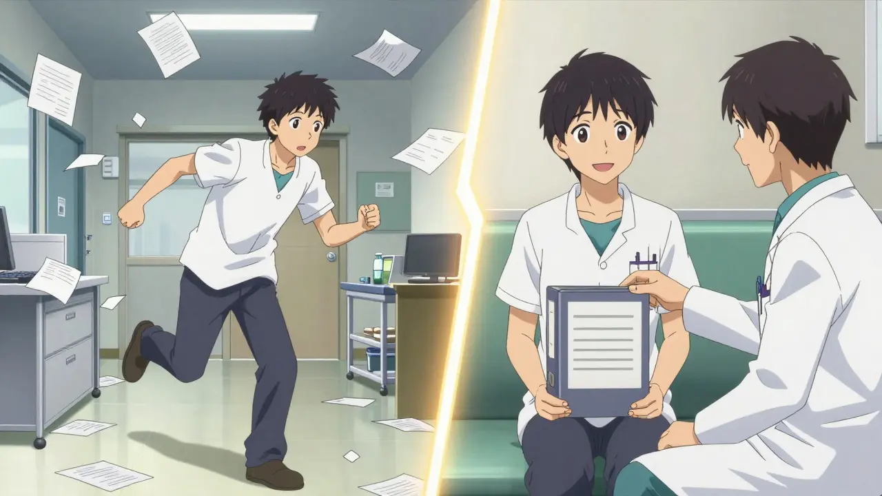 A before-and-after scene showing a person becoming prepared for a doctor's visit.