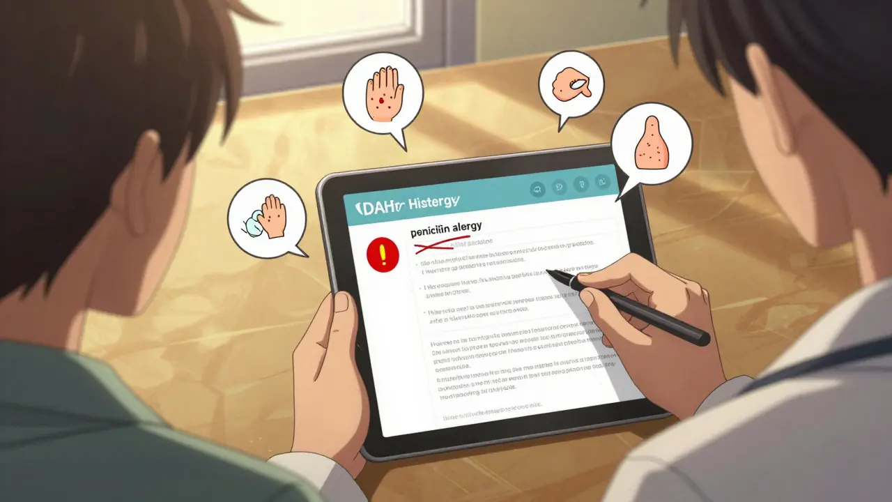 A doctor and patient review a structured allergy questionnaire on a tablet, with visual icons showing symptoms like hives and swelling.