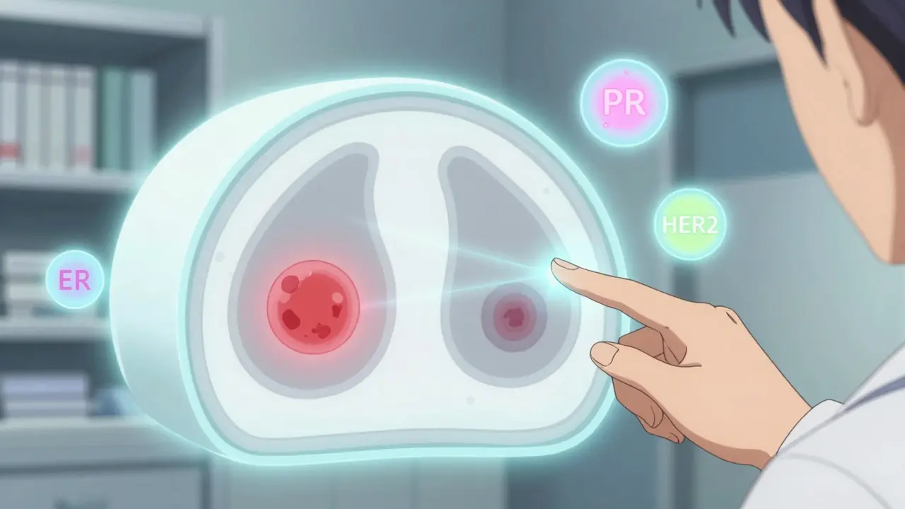 A glowing 3D breast tissue scan with a highlighted tumor and floating biomarker icons, viewed by a doctor's hand.