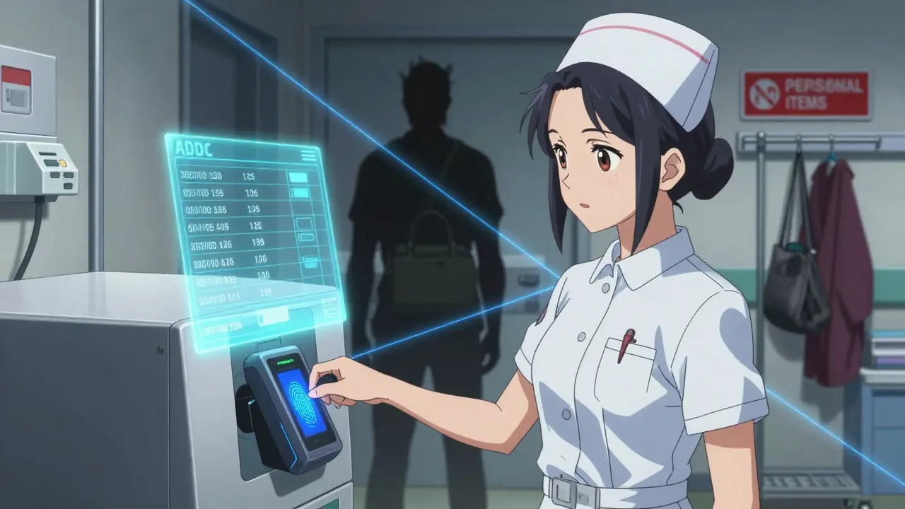 A nurse using an automated dispensing cabinet with biometric authentication, while a hidden bag is barred from the secure zone.