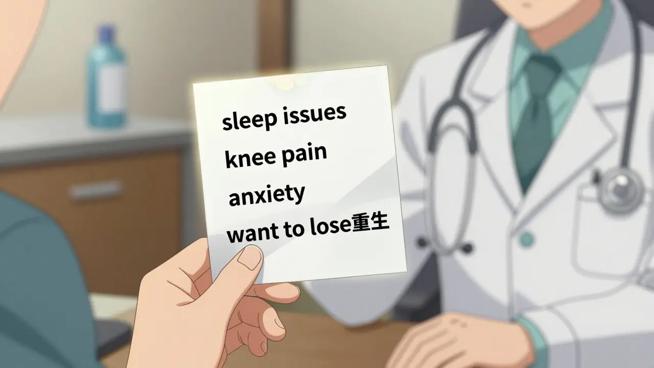 A patient hands a written list of health concerns to a doctor in a calm exam room.