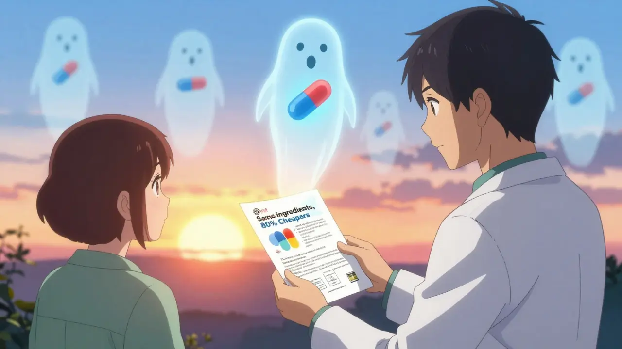 A patient shows an ad to a doctor while ghostly generic pills float beside them.