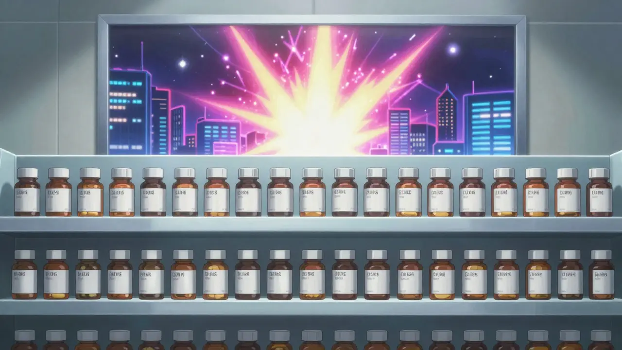 A pharmacy shelf of generic pills stands quietly beneath a giant glowing branded drug ad.