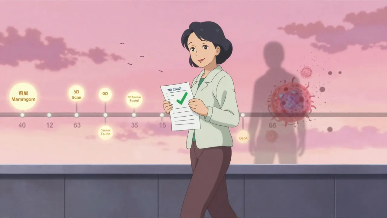 A smiling woman leaving a clinic, with a glowing life timeline behind her and a fading cancer cell dissolving into light.
