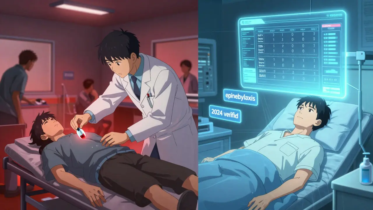 A split scene contrasts a dangerous medical error with a safe treatment, highlighting a clearly documented drug allergy on an electronic health record.