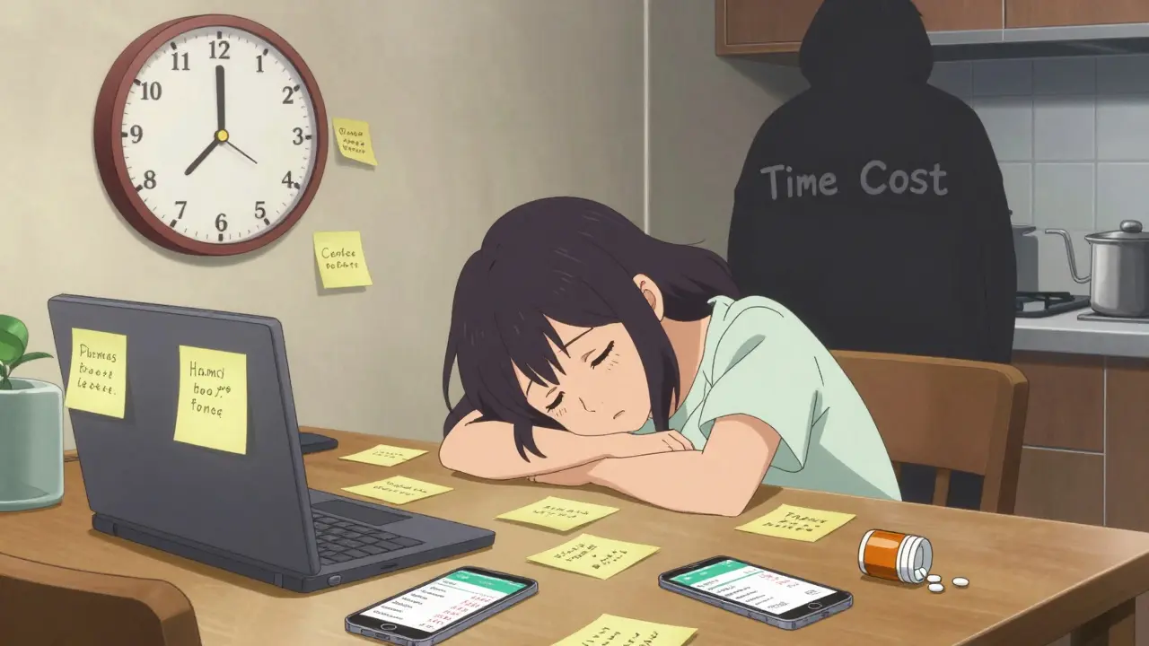 A woman overwhelmed by multiple screens and sticky notes showing pharmacy prices, with a clock ticking above.