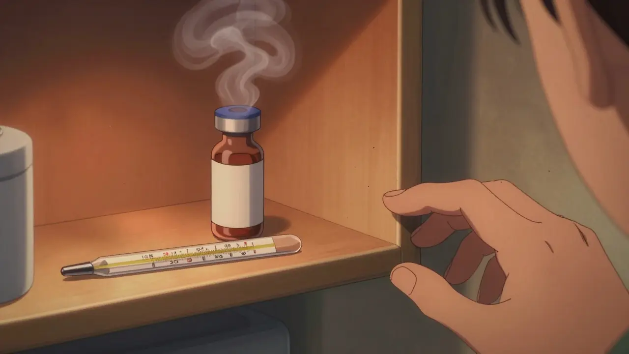 Cloudy insulin vial in hot bathroom cabinet with temperature gauge.