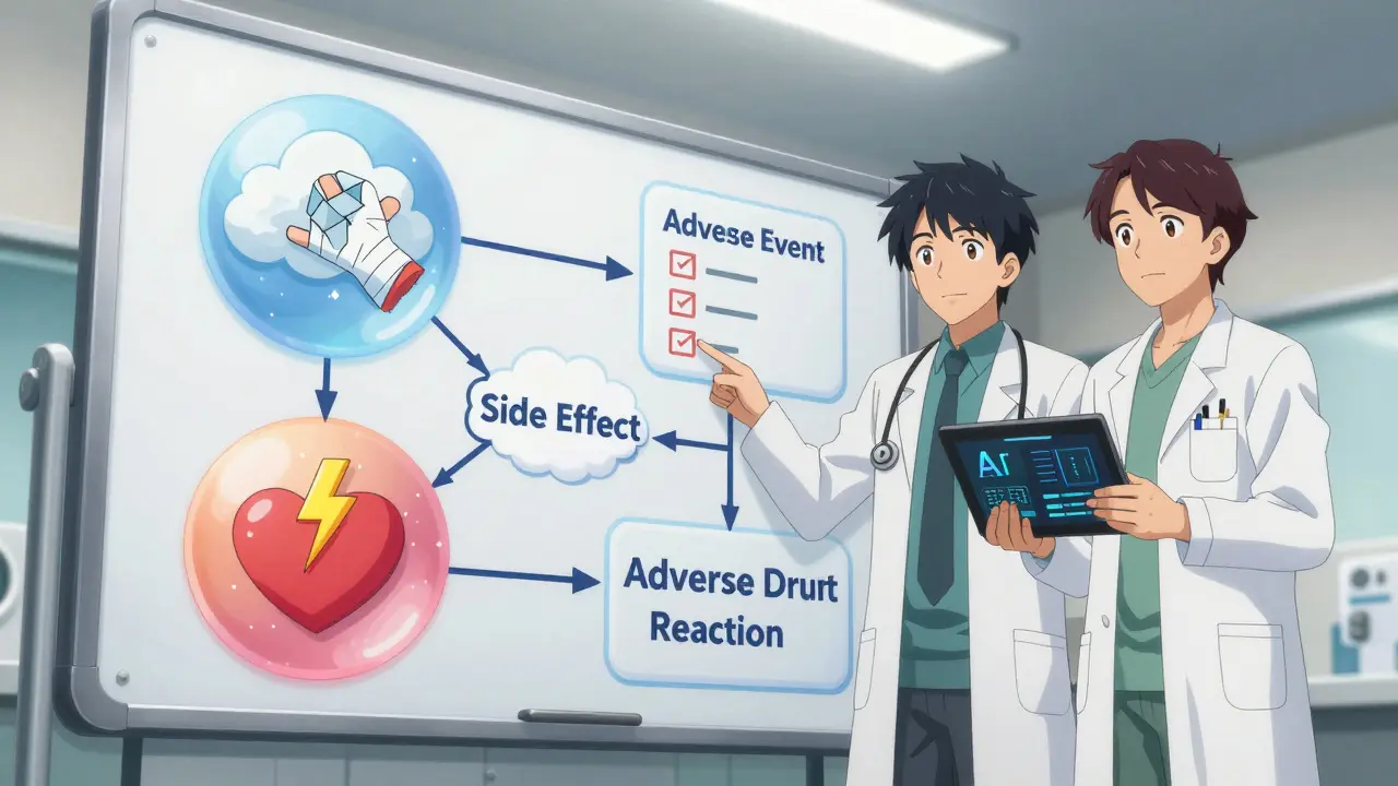 Doctor and pharmacist explaining drug reaction categories using a floating flowchart in a clinic.