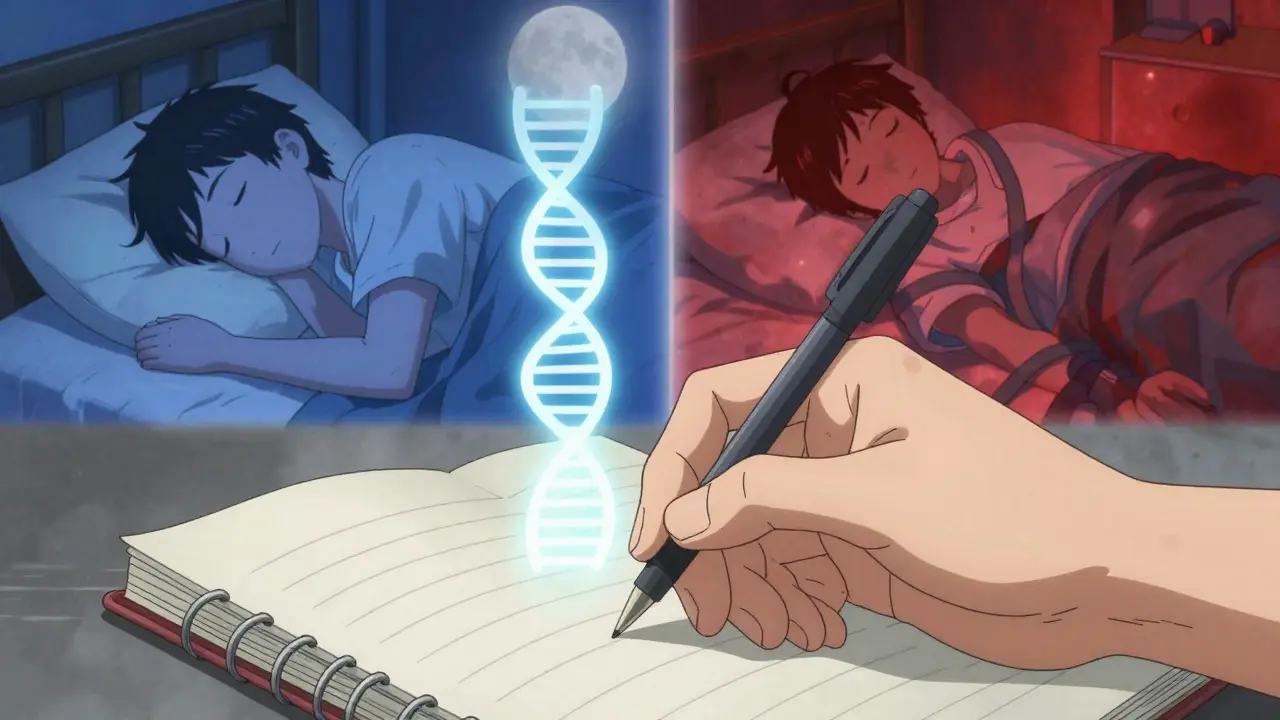 Hand writing in journal with DNA strand showing genetic risk of adverse drug reaction at night.