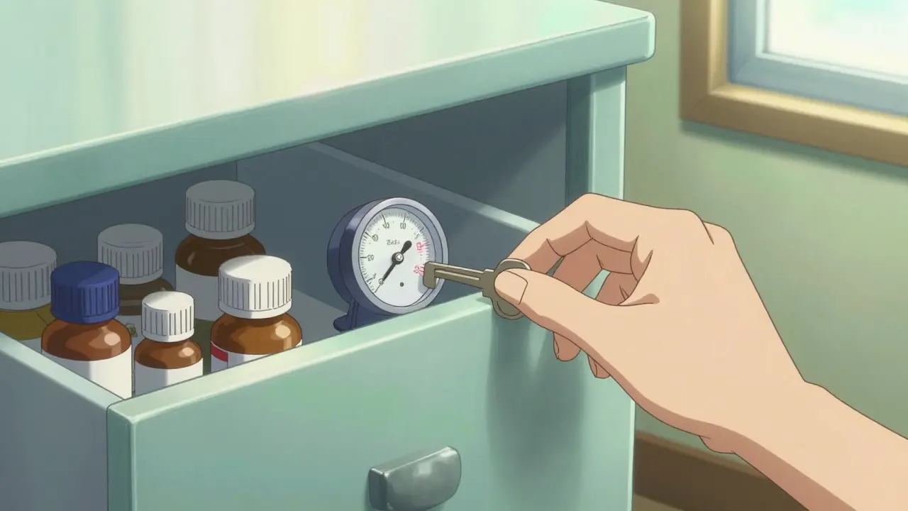 Locked bedroom drawer storing medications with stable temperature.