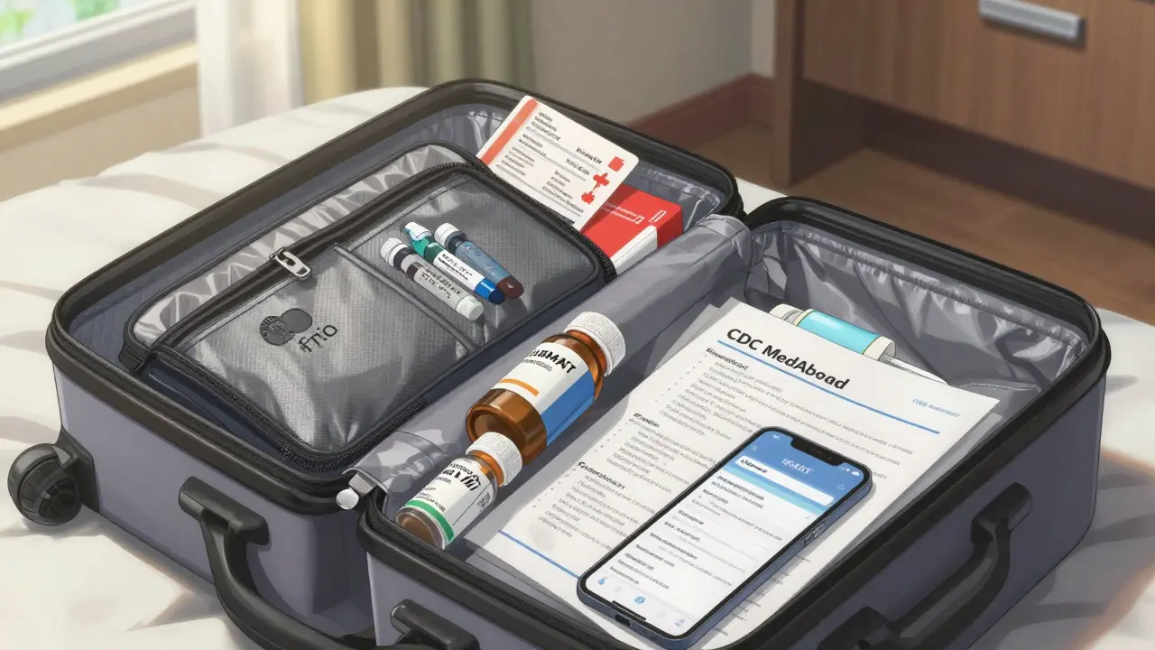 Open carry-on bag with insulin cooling wallet, labeled pills, and CDC MedAbroad checklist on hotel bed.