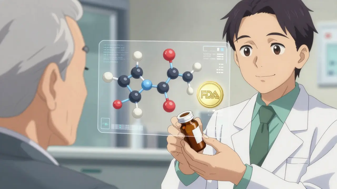 Pharmacist handing a generic pill bottle to an elderly patient, with overlapping drug molecules and an FDA seal glowing nearby.