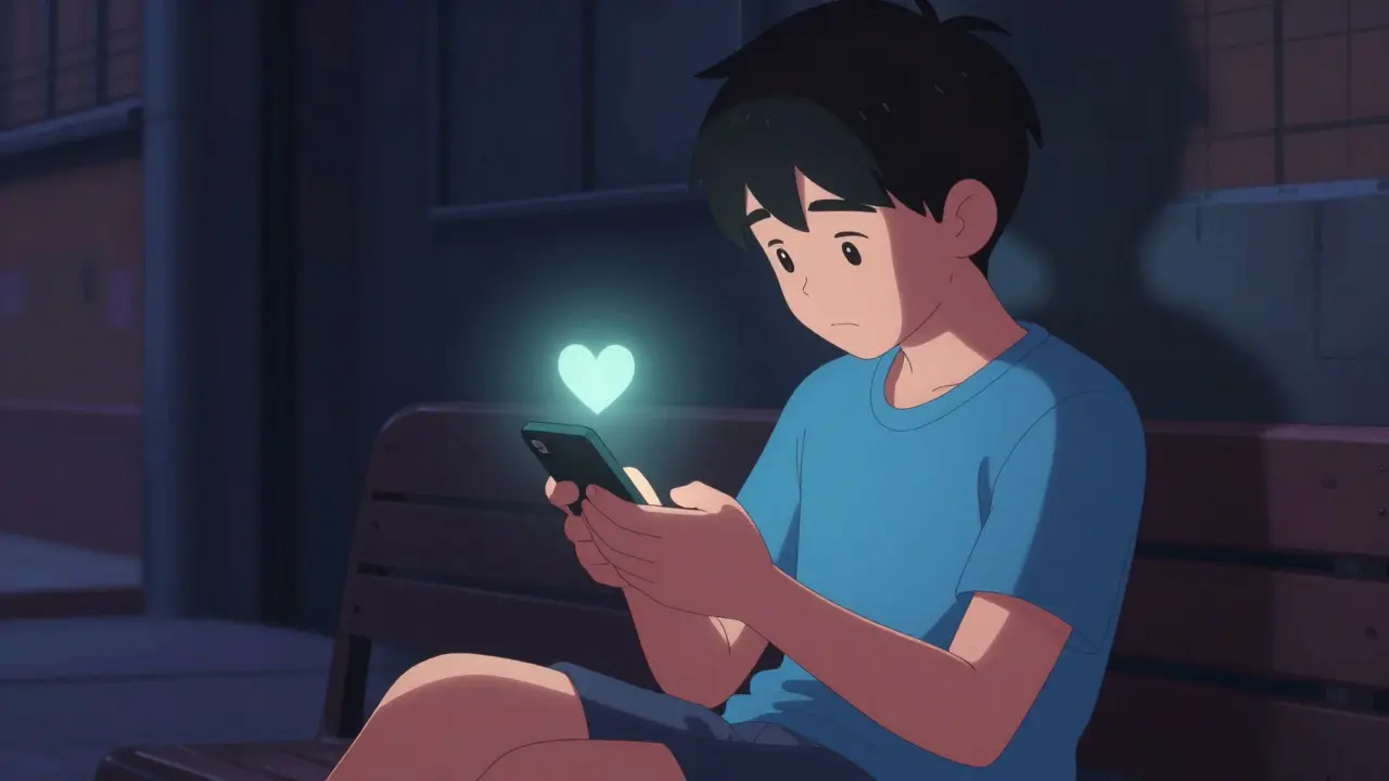 Teenager texting with heart symbol glow on phone in cityscape