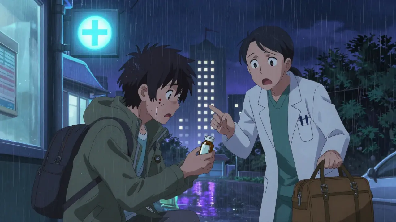 Traveler in rain outside closed pharmacy, approached by doctor with medical bag under hospital sign.