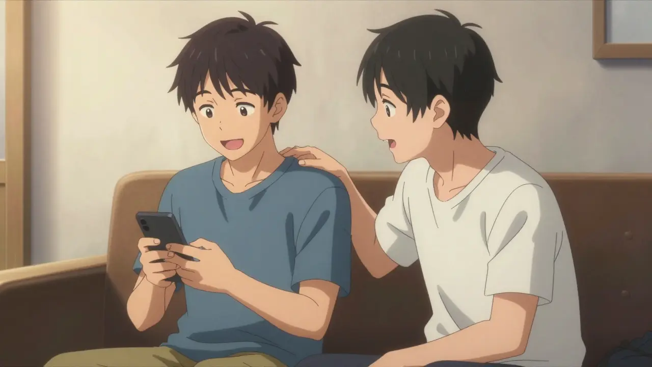 Two people in room connected by warm light while one offers comfort