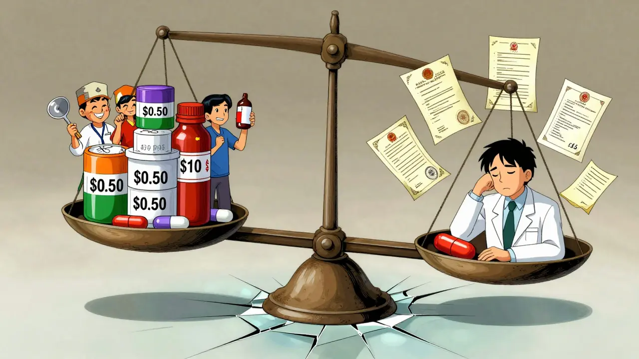 A balance scale weighs cheap generic pills against expensive brand-name pills, with workers and patents floating beside them.