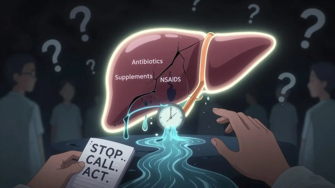 A glowing liver with cracked sections leaking dark fluid toward a ticking clock, hand stopping it with a notebook, in anime style.