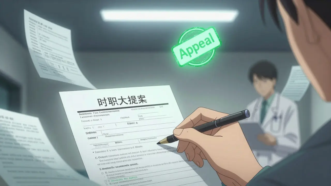 A hand signing a prior authorization form surrounded by floating medical documents, with a glowing green appeal stamp above.