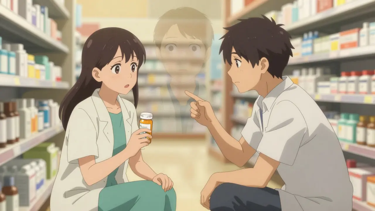A patient and pharmacist discussing pill appearance as a ghostly previous prescription hovers nearby.