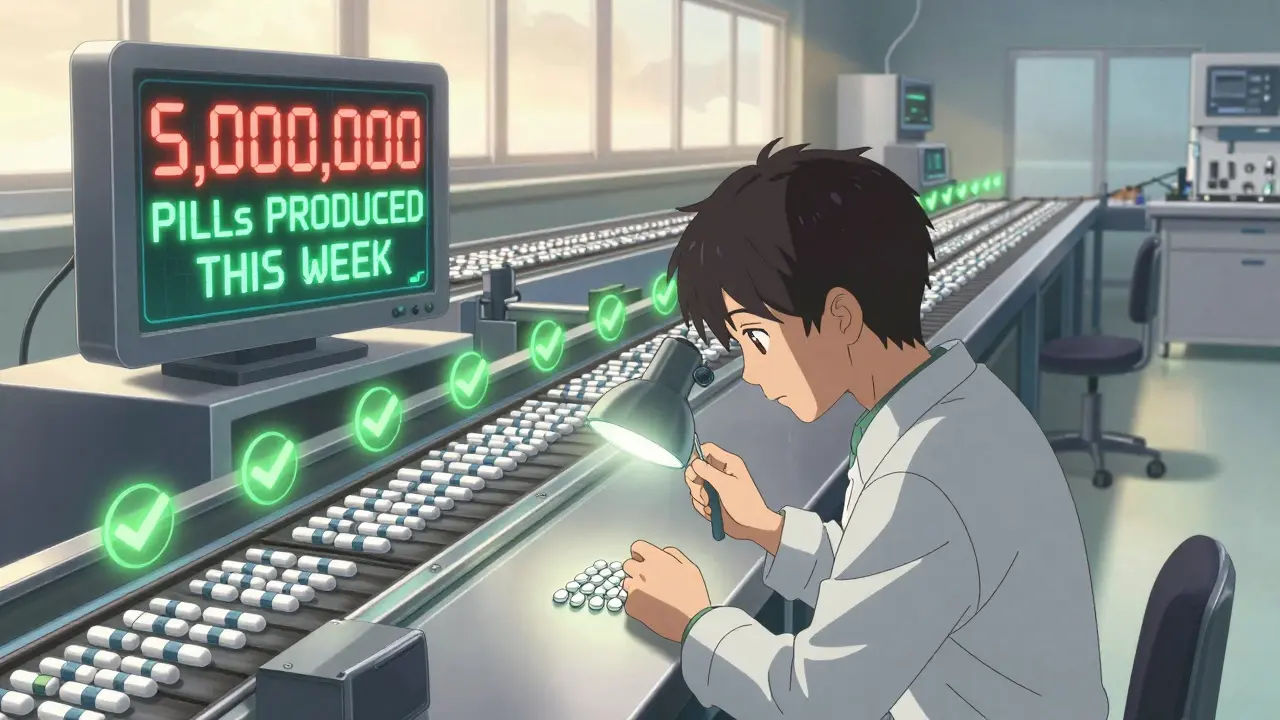 A technician calmly checks pill samples as millions flow on conveyor belts, with a digital counter glowing behind them.