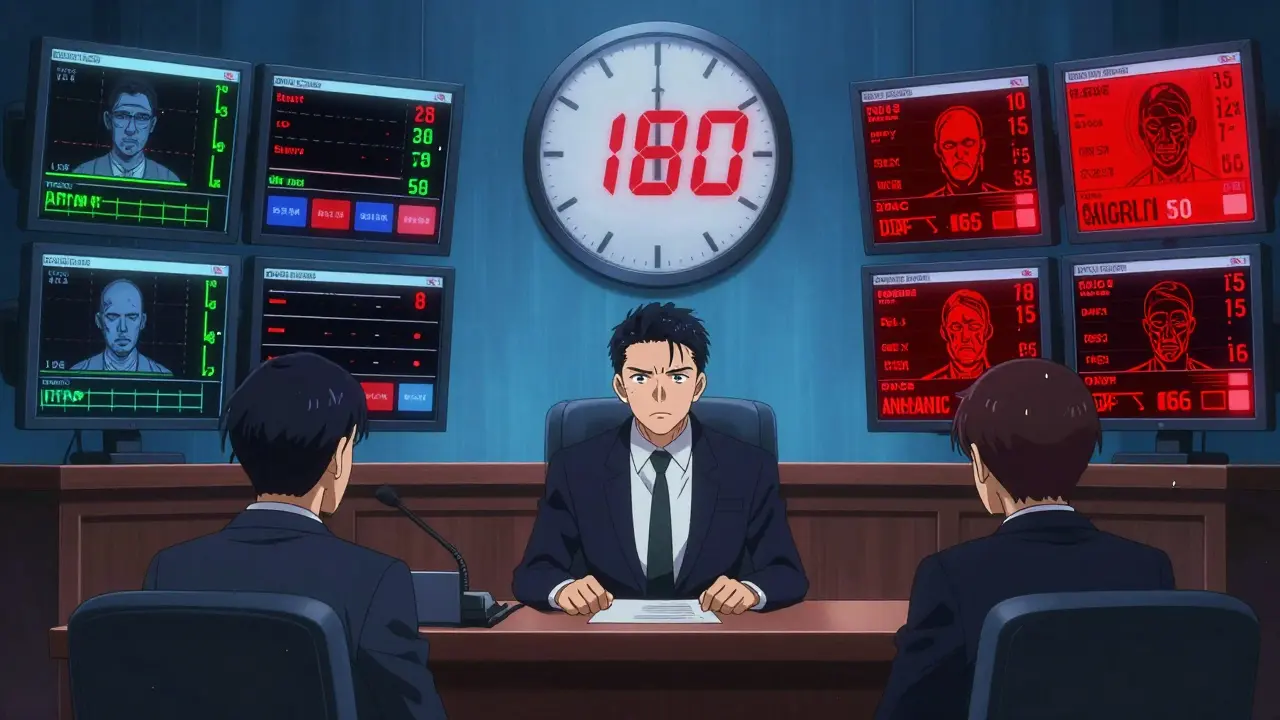 An FDA hearing room with a countdown clock and real-time patient data screens showing trial failures and tense officials.