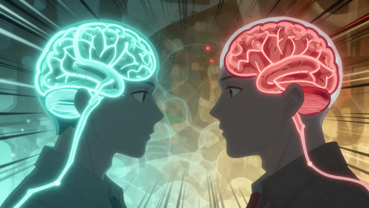 Cel-shaded anime art depicting brain activity during social decisions